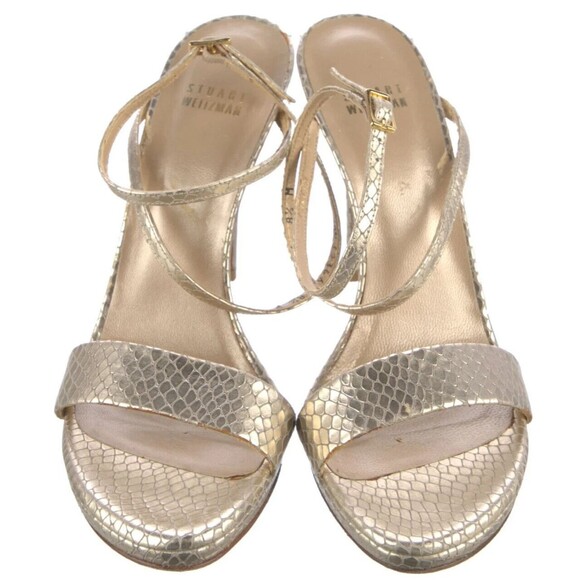 PRE-OWNED DESIGNER STUART WEITZMAN GOLD METALLIC LEATHER ANLE STRAP SANDALS 8.5 - Picture 2 of 14